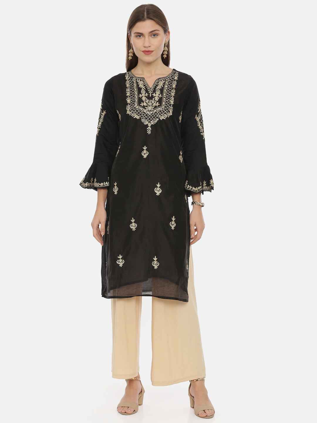 Neerus Olive Woven Design Kurta And Solid Leggings, Dupatta Set